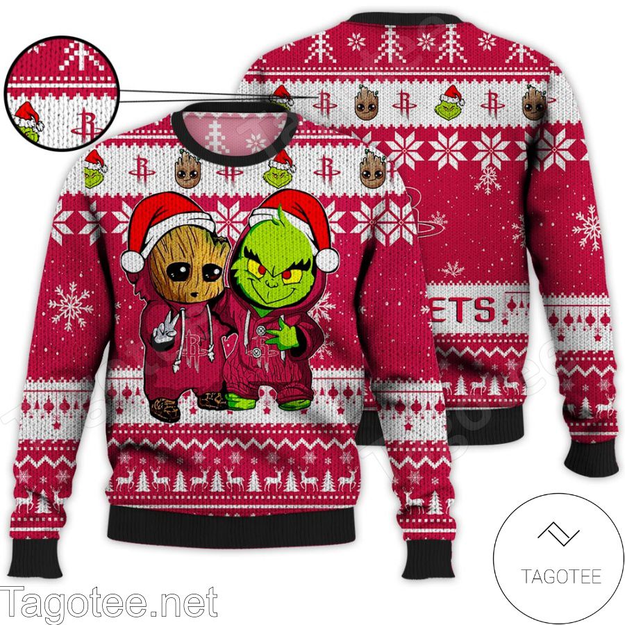 Houston Rockets Baby Groot And Grinch NBA Ugly Christmas Sweater