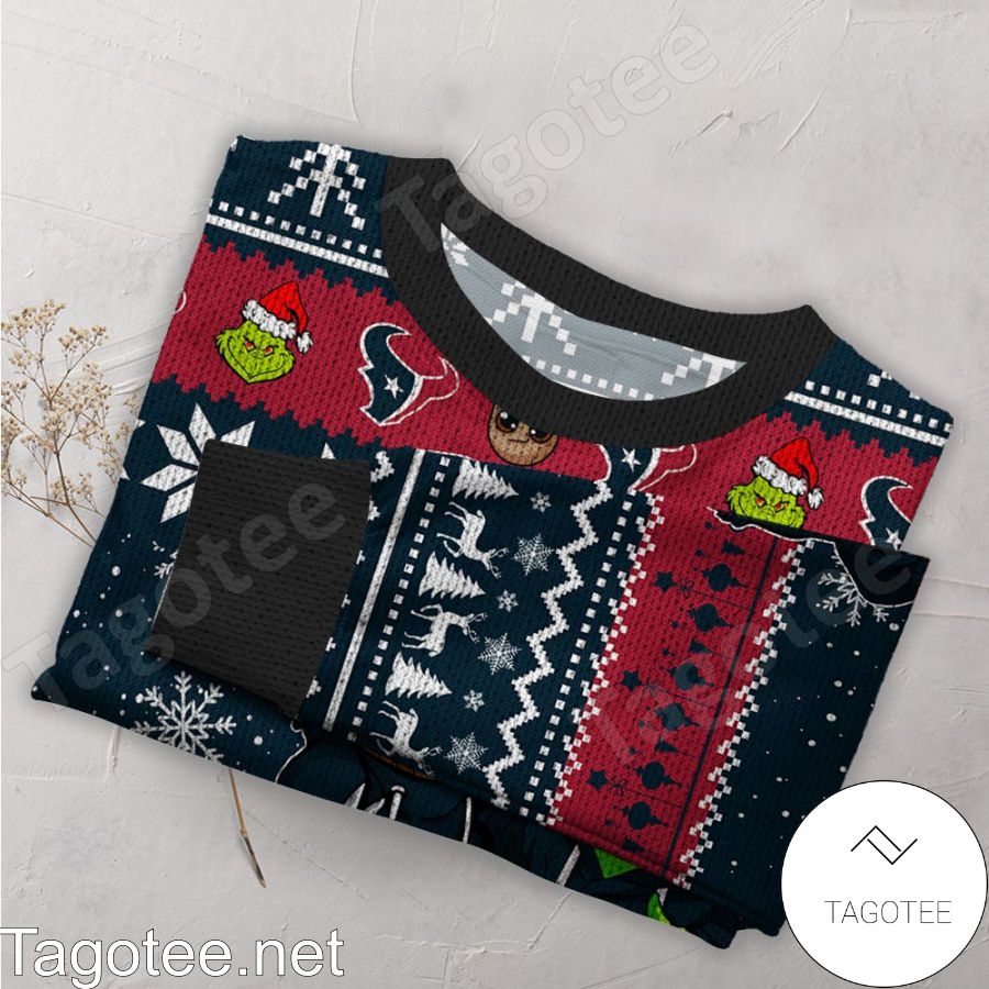 Houston Texans Baby Groot And Grinch NFL Ugly Christmas Sweater a