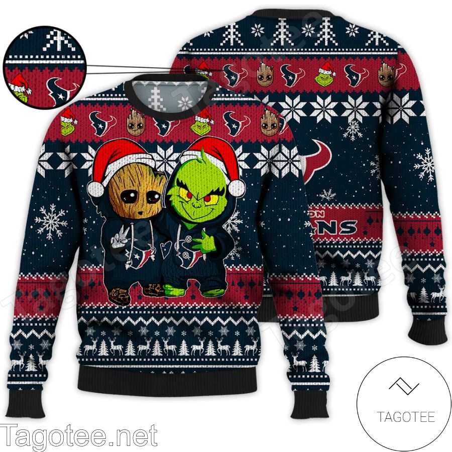 Houston Texans Baby Groot And Grinch NFL Ugly Christmas Sweater