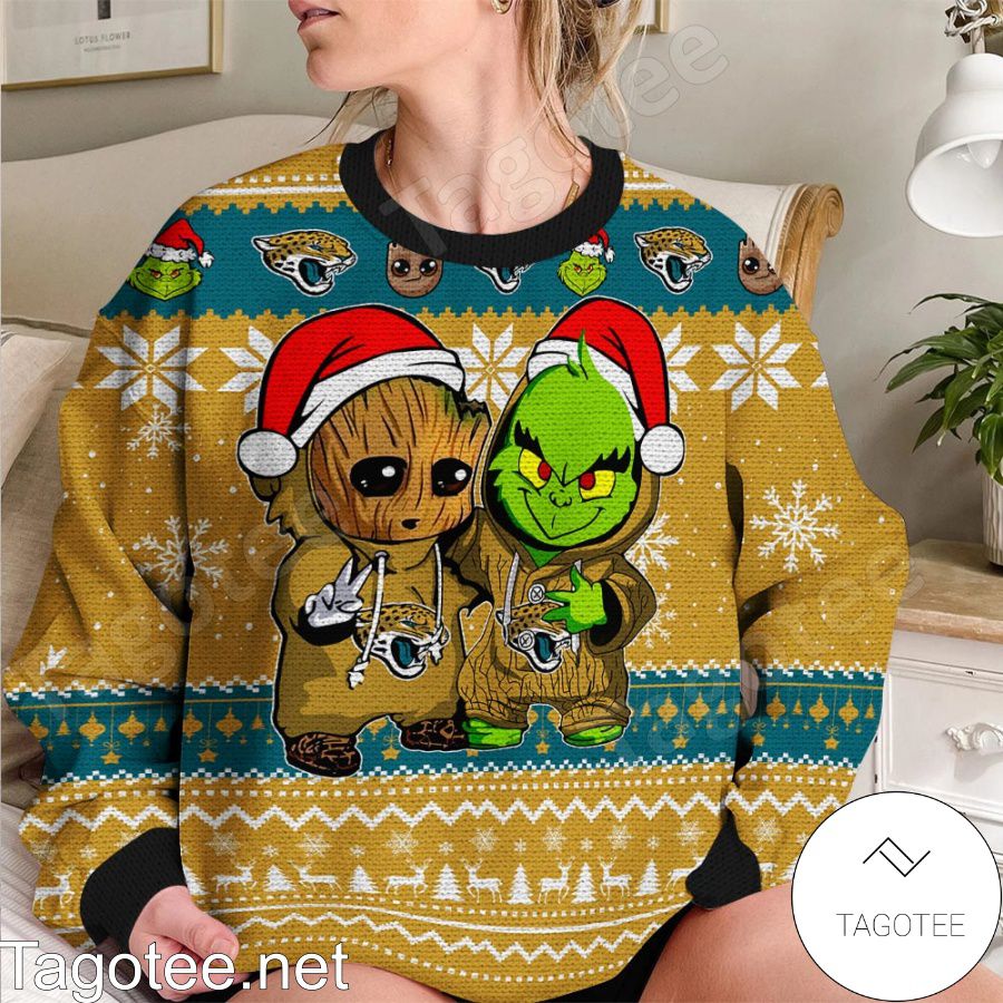 Jacksonville Jaguars Baby Groot And Grinch NFL Ugly Christmas Sweater a