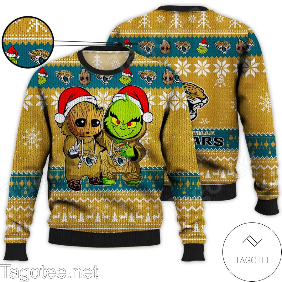 Jacksonville Jaguars Baby Groot And Grinch NFL Ugly Christmas Sweater