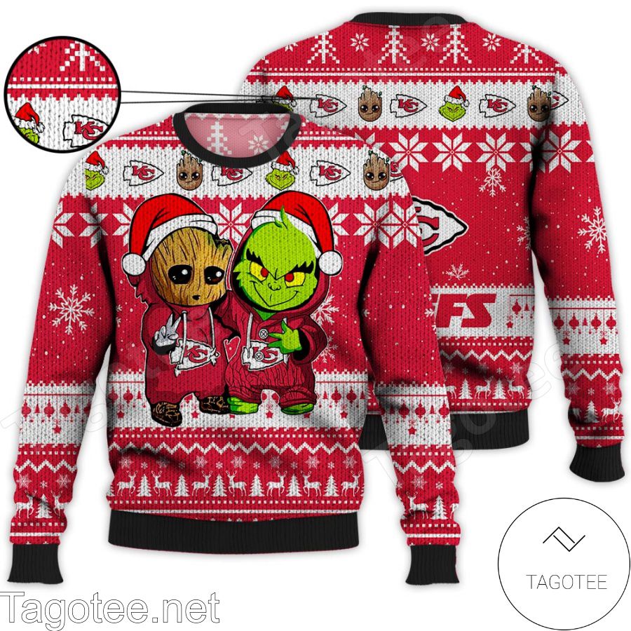 Kansas City Chiefs Baby Groot And Grinch NFL Ugly Christmas Sweater