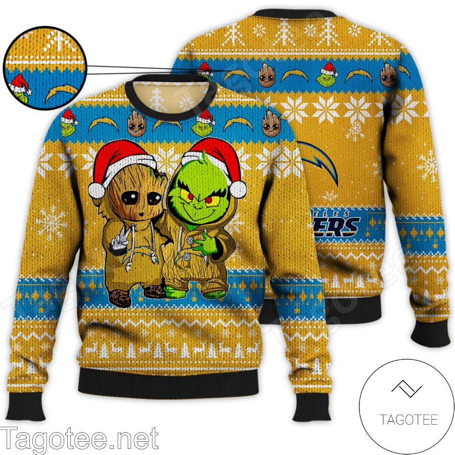 Los Angeles Chargers Baby Groot And Grinch NFL Ugly Christmas Sweater