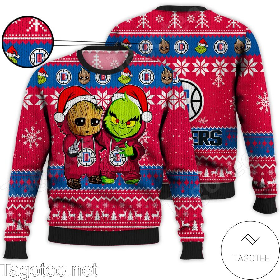 Los Angeles Clippers Baby Groot And Grinch NBA Ugly Christmas Sweater