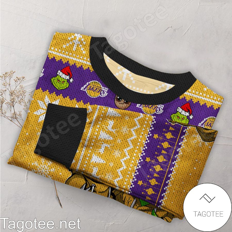 Los Angeles Lakers Baby Groot And Grinch NBA Ugly Christmas Sweater a