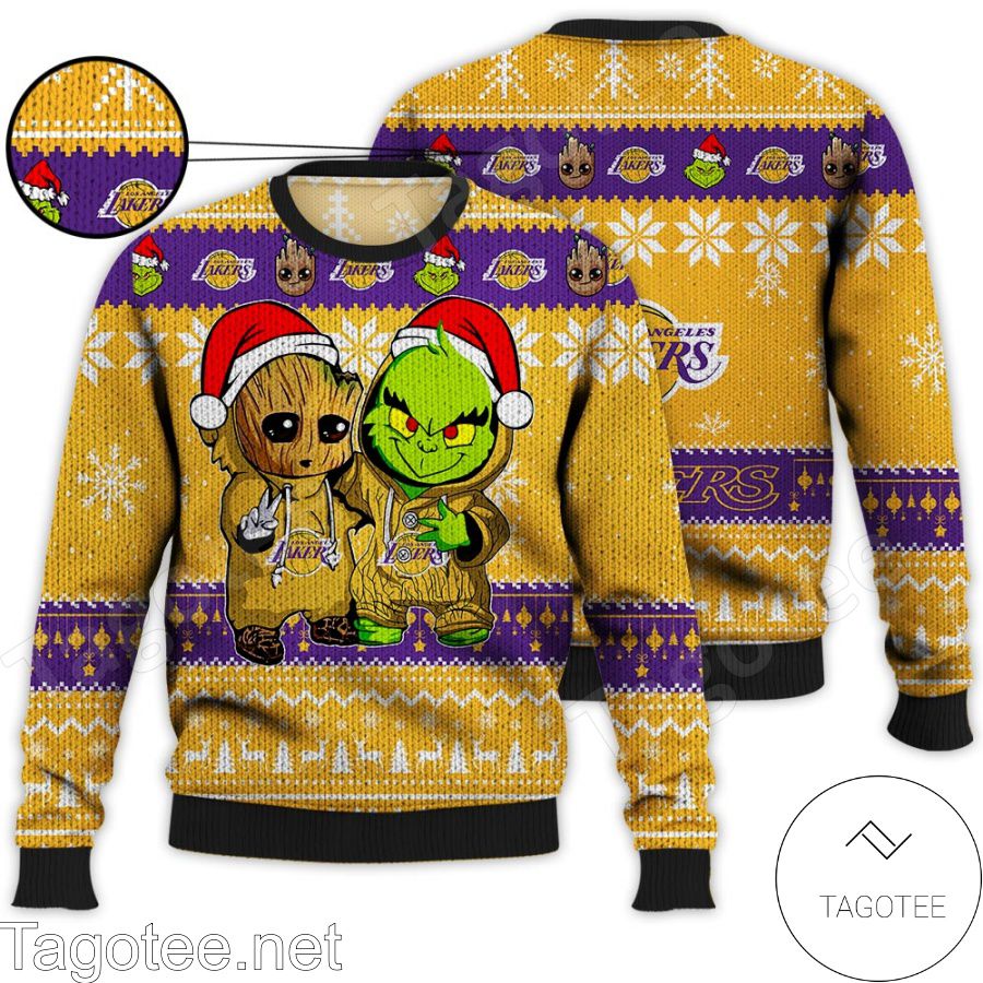 Los Angeles Lakers Baby Groot And Grinch NBA Ugly Christmas Sweater