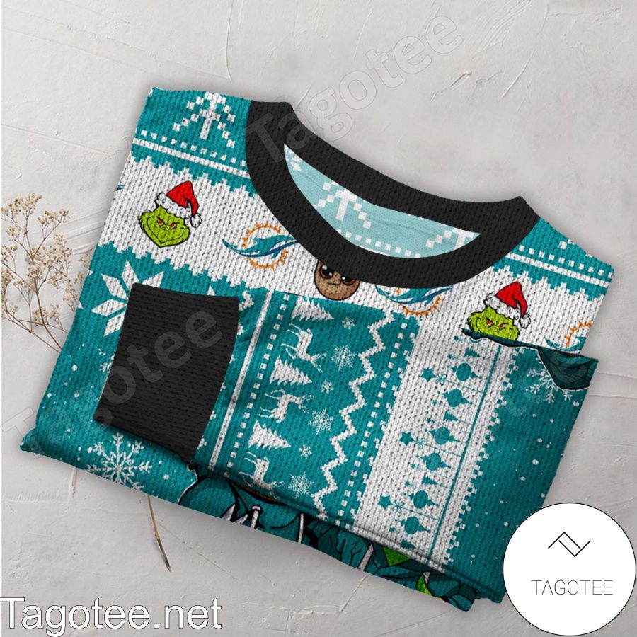 Miami Dolphins Baby Groot And Grinch NFL Ugly Christmas Sweater a