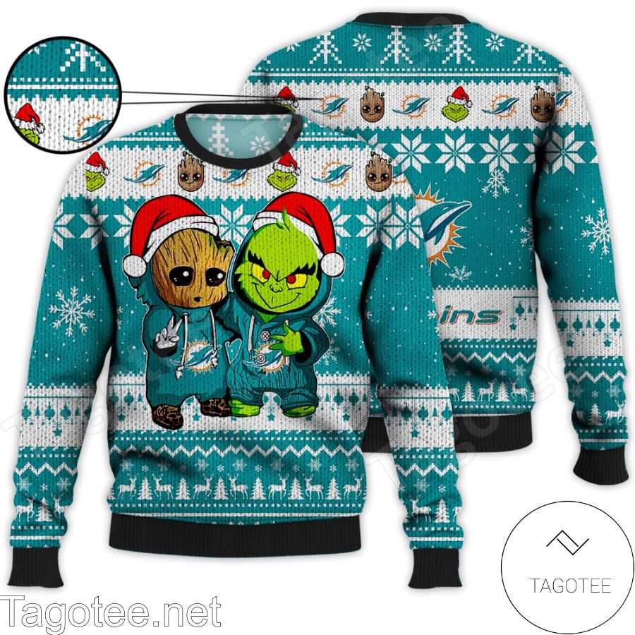 Miami Dolphins Baby Groot And Grinch NFL Ugly Christmas Sweater