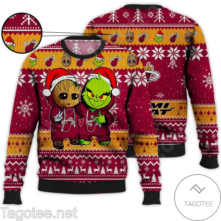 Miami Heat Baby Groot And Grinch NBA Ugly Christmas Sweater