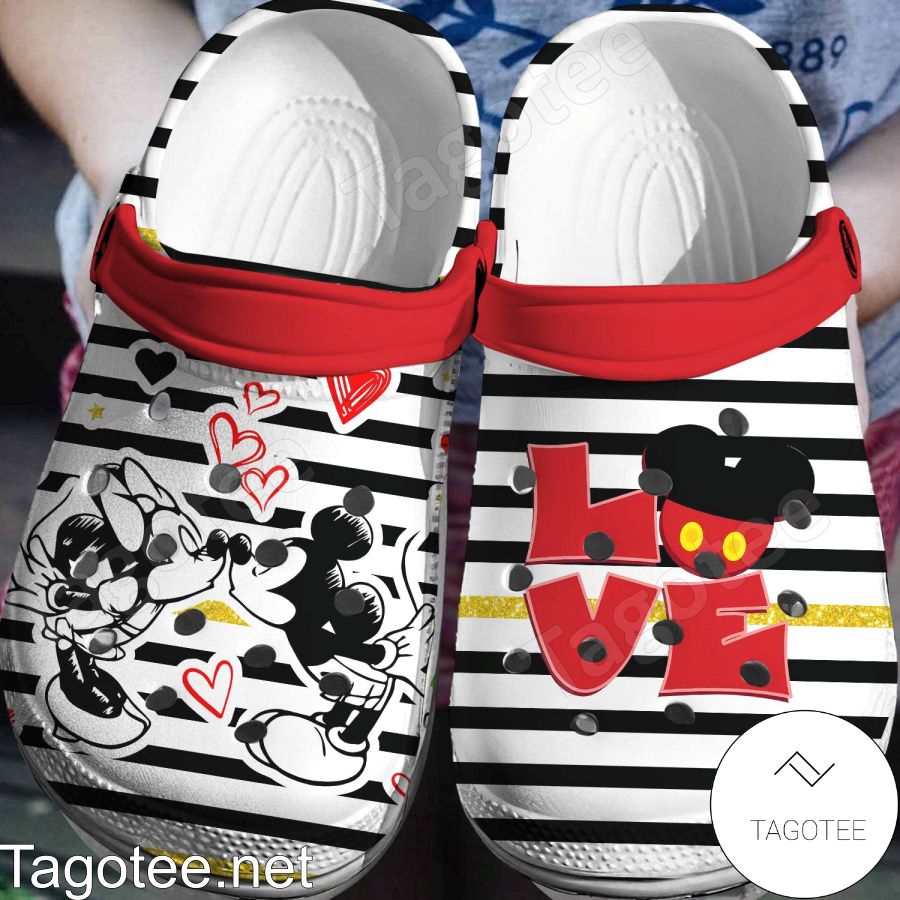 Mickey And Minnie Love Black And White Stripes Crocs Clogs