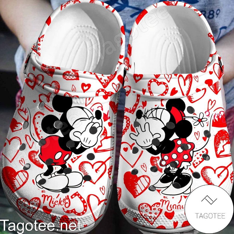 Mickey And Minnie Love Red Paint Line Crocs Clogs