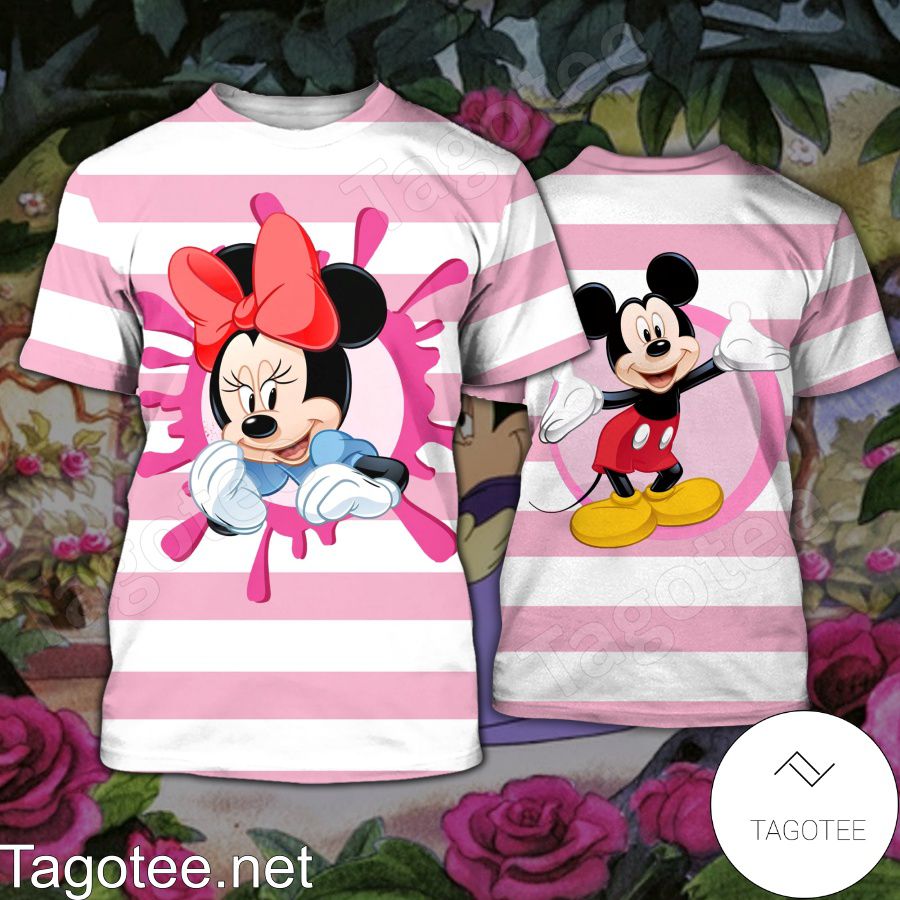 Mickey And Minnie Pink And White Stripes Shirt, Tank Top And Leggings a