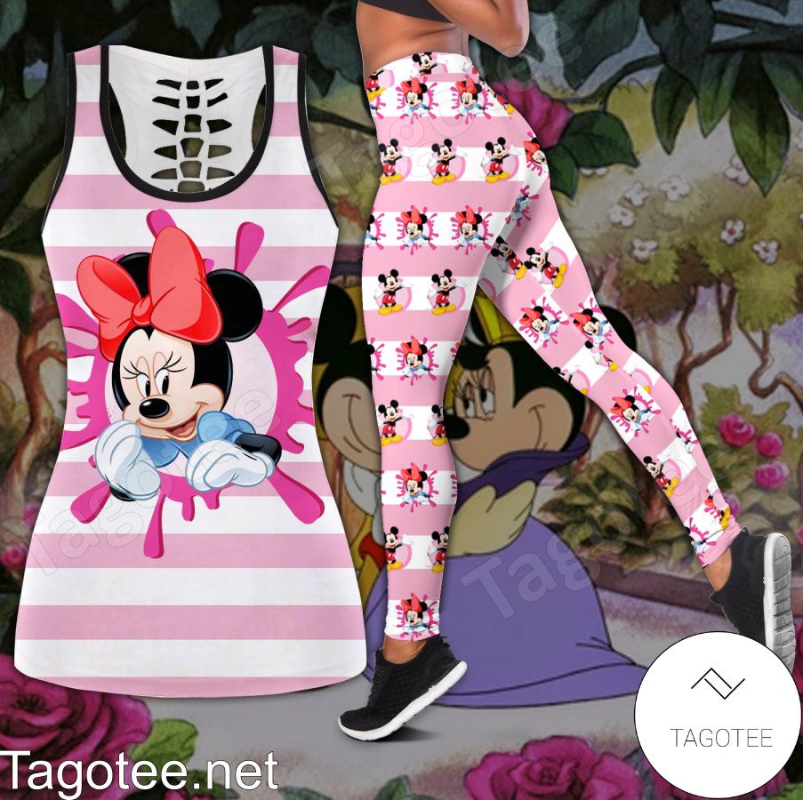 Mickey And Minnie Pink And White Stripes Shirt, Tank Top And Leggings