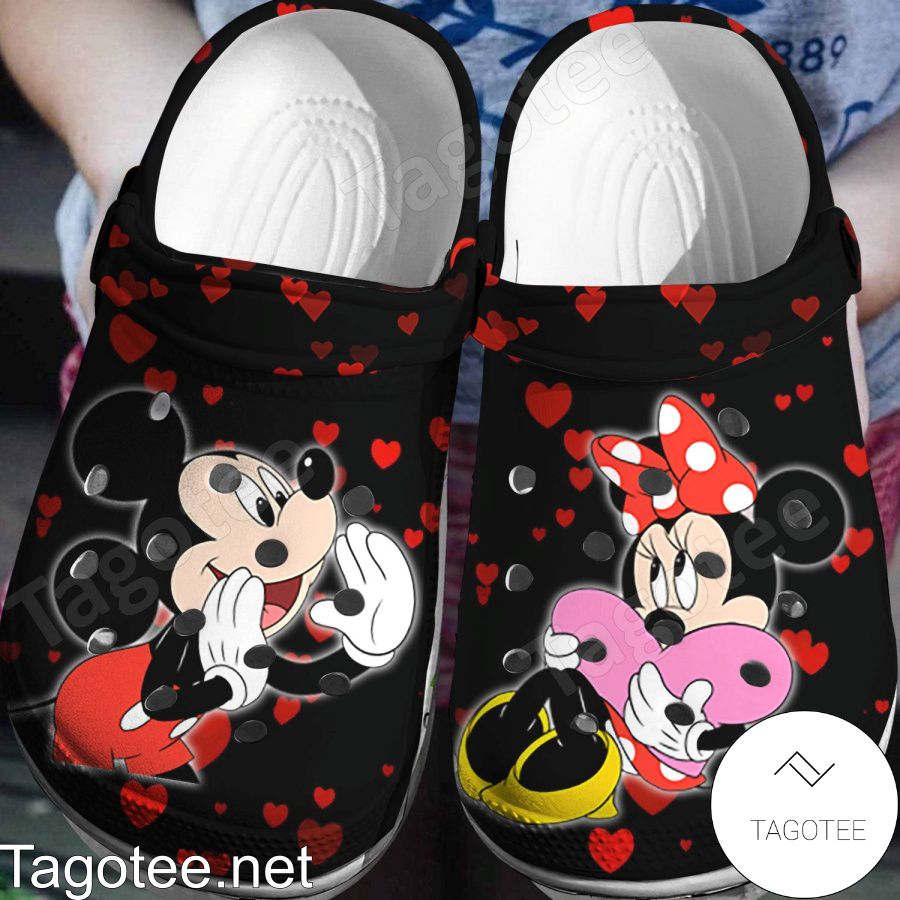 Mickey And Minnie Red Heart On Black Crocs Clogs