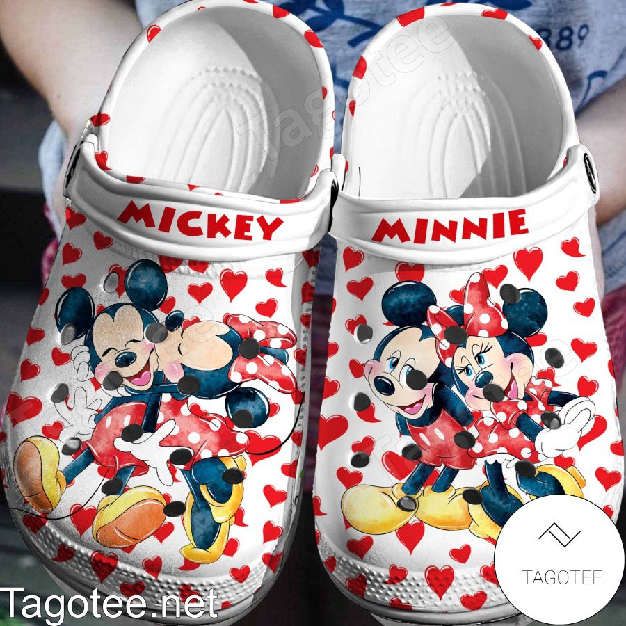 Mickey And Minnie Red Heart On White Crocs Clogs