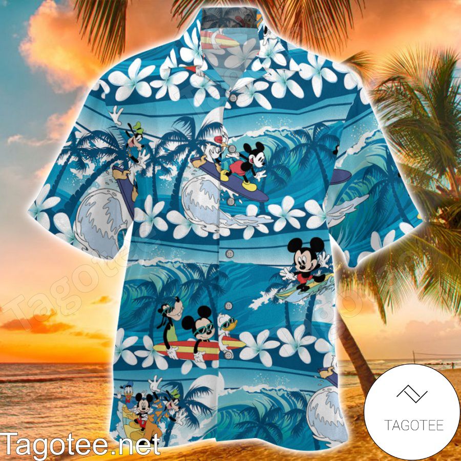 Mickey Blue Tropical Surfing With Palm Trees Hawaiian Shirt