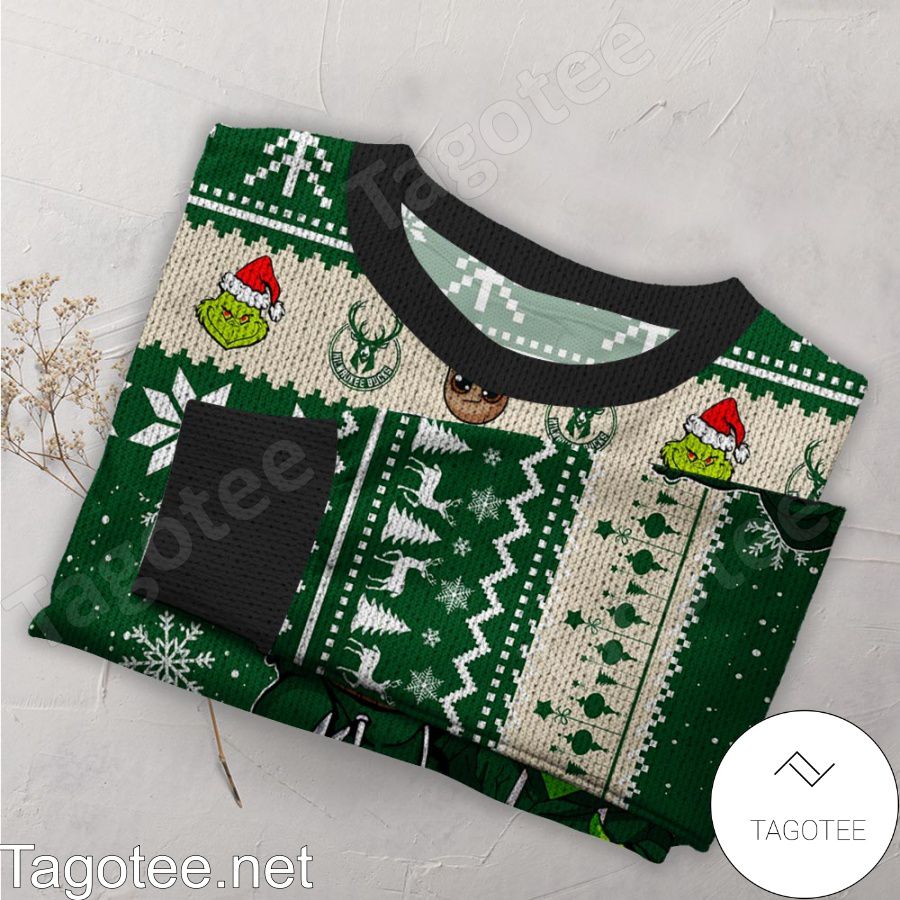 Milwaukee Bucks Baby Groot And Grinch NBA Ugly Christmas Sweater a