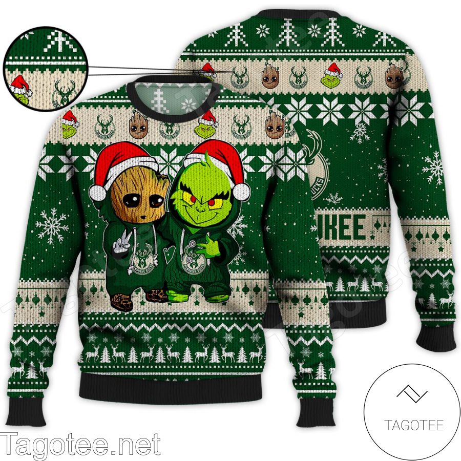 Milwaukee Bucks Baby Groot And Grinch NBA Ugly Christmas Sweater