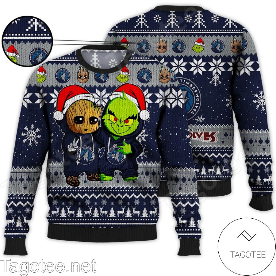 Minnesota Timberwolves Baby Groot And Grinch NBA Ugly Christmas Sweater