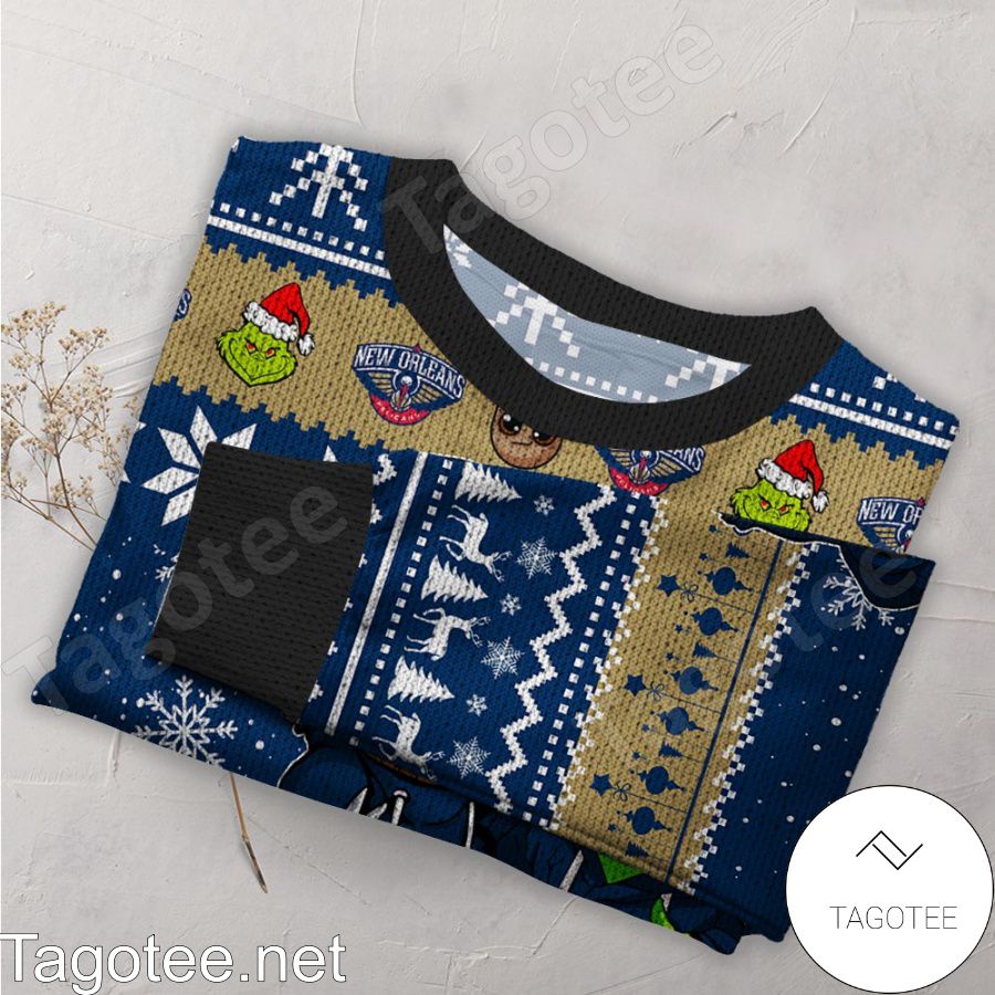 New Orlean Pelicans Baby Groot And Grinch NBA Ugly Christmas Sweater a