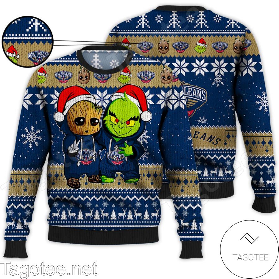 New Orlean Pelicans Baby Groot And Grinch NBA Ugly Christmas Sweater