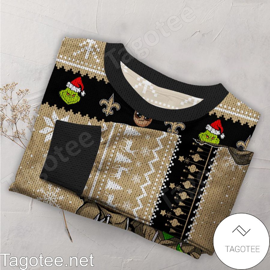 New Orleans Saints Baby Groot And Grinch NFL Ugly Christmas Sweater a