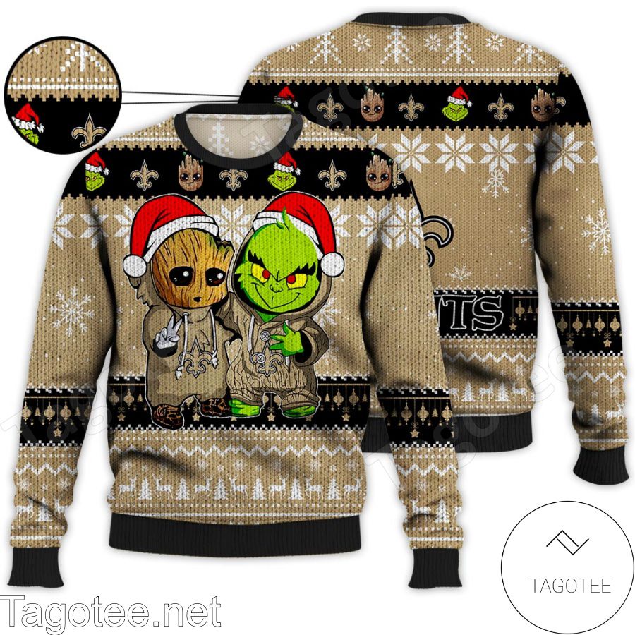 New Orleans Saints Baby Groot And Grinch NFL Ugly Christmas Sweater