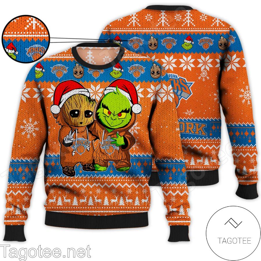 New York Knicks Baby Groot And Grinch NBA Ugly Christmas Sweater