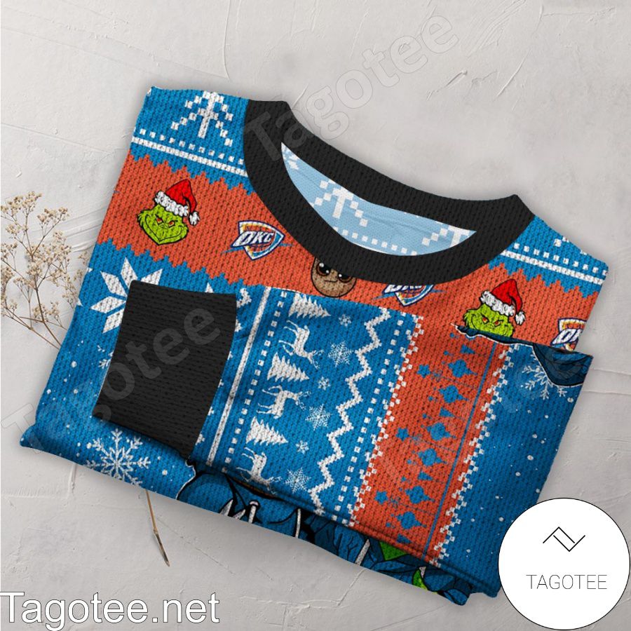 Oklahoma City Thunder Baby Groot And Grinch NBA Ugly Christmas Sweater a