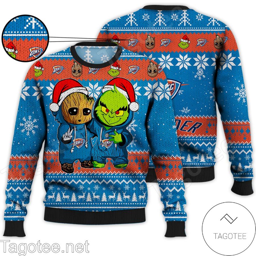 Oklahoma City Thunder Baby Groot And Grinch NBA Ugly Christmas Sweater