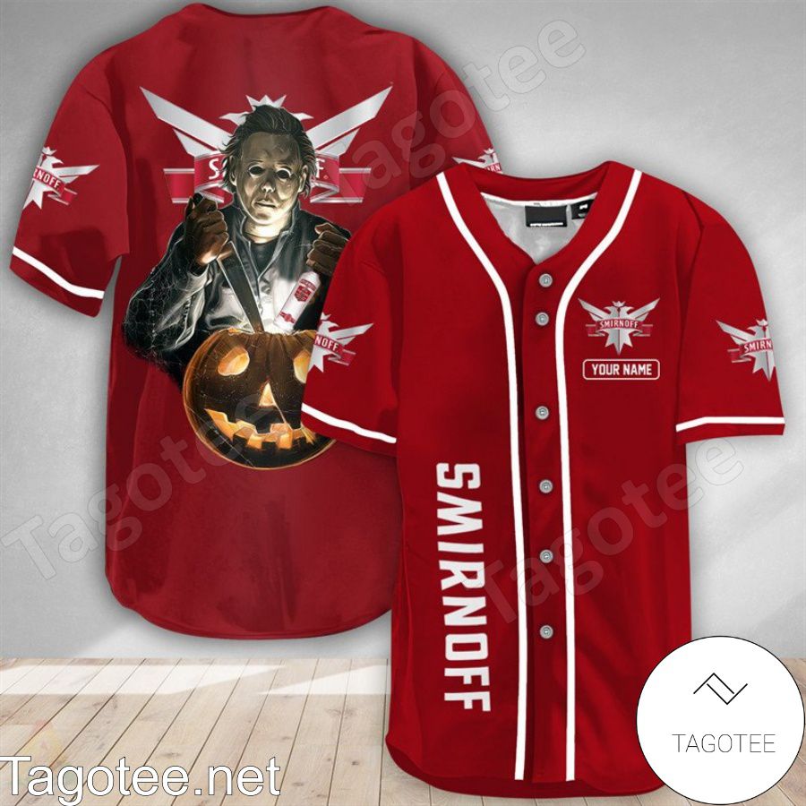 Personalized Michael Myers Pumpkin Smirnoff Vodka Baseball Jersey