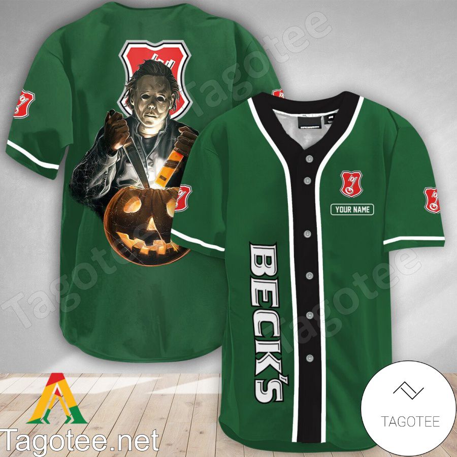 Personalized Scary Michael Myers Pumpkin Beck's Beer Baseball Jersey