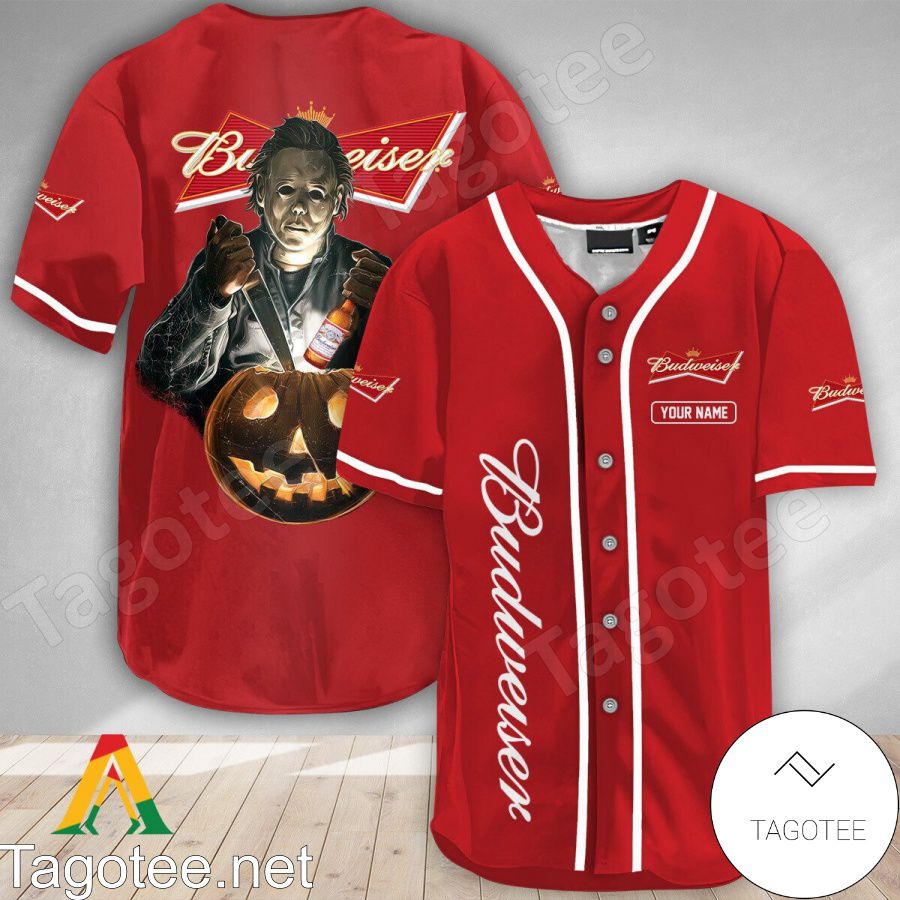 Personalized Scary Michael Myers Pumpkin Budweiser Baseball Jersey