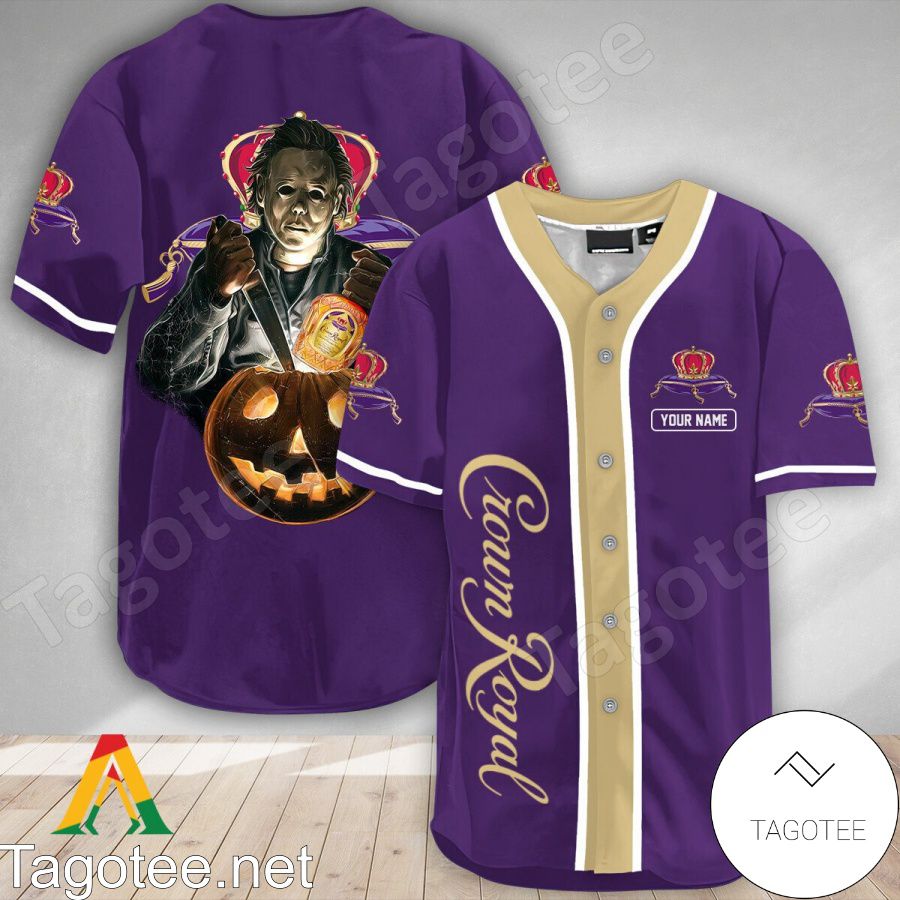 Personalized Scary Michael Myers Pumpkin Crown Royal Baseball Jersey