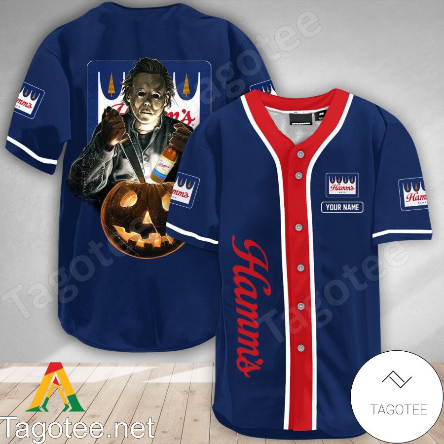 Personalized Scary Michael Myers Pumpkin Hamm's Beer Baseball Jersey