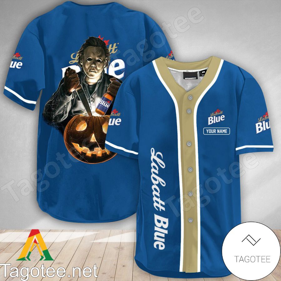 Personalized Scary Michael Myers Pumpkin Labatt Blue Baseball Jersey