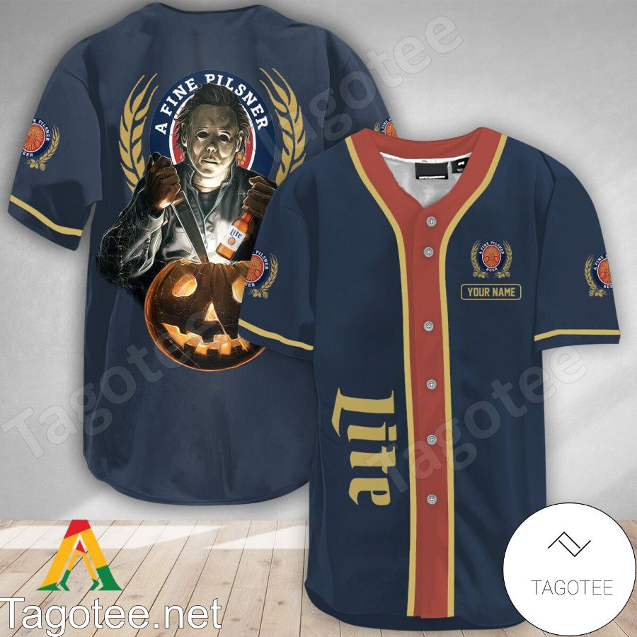 Personalized Scary Michael Myers Pumpkin Miller Lite Baseball Jersey