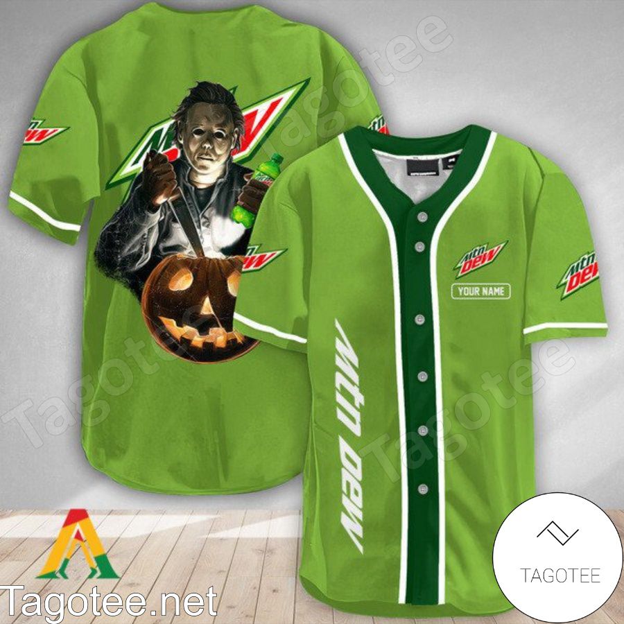 Personalized Scary Michael Myers Pumpkin Mountain Dew Back Off I've Got Enough To Deal With Today Baseball Jersey