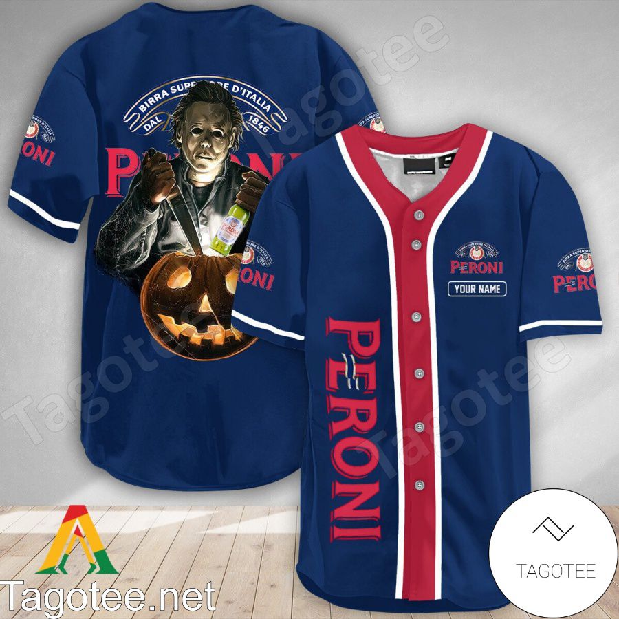 Personalized Scary Michael Myers Pumpkin Peroni Beer Baseball Jersey