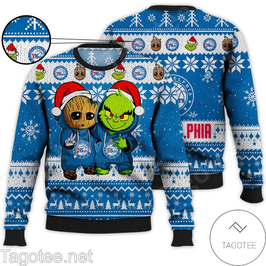 Philadelphia 76ers Baby Groot And Grinch NBA Ugly Christmas Sweater