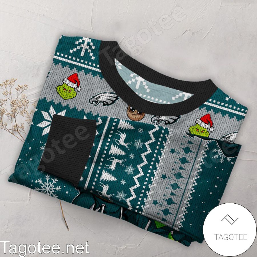 Philadelphia Eagles Baby Groot And Grinch NFL Ugly Christmas Sweater a