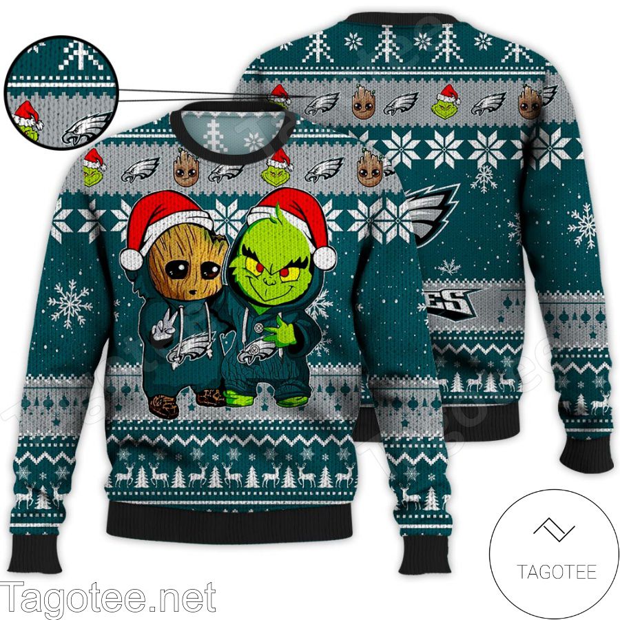 Philadelphia Eagles Baby Groot And Grinch NFL Ugly Christmas Sweater