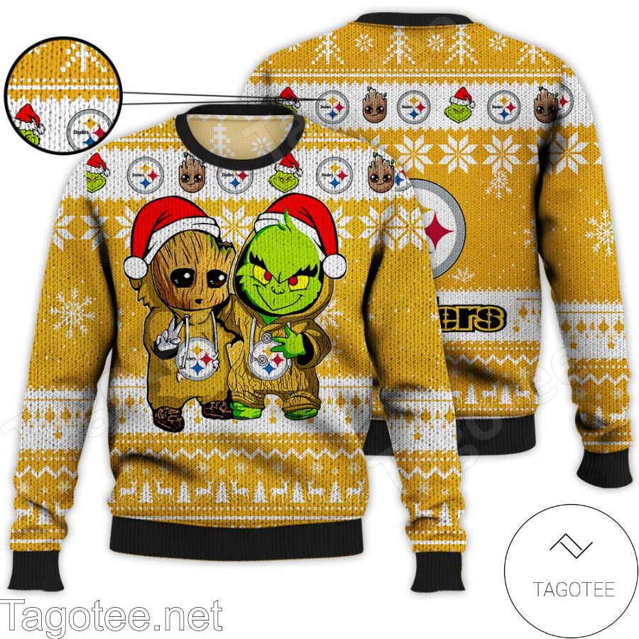 Pittsburgh Steelers Baby Groot And Grinch NFL Ugly Christmas Sweater