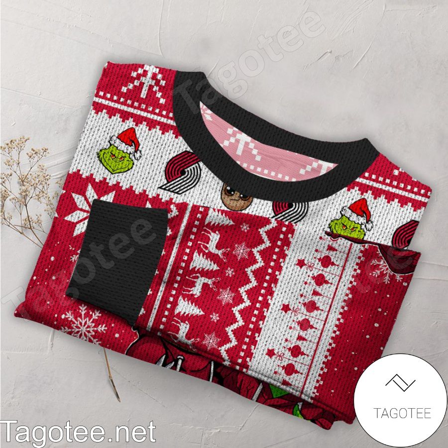 Portland Trail Blazers Baby Groot And Grinch NBA Ugly Christmas Sweater a