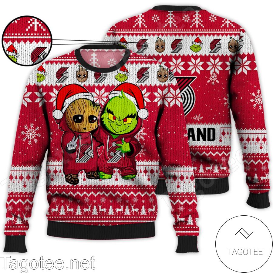 Portland Trail Blazers Baby Groot And Grinch NBA Ugly Christmas Sweater