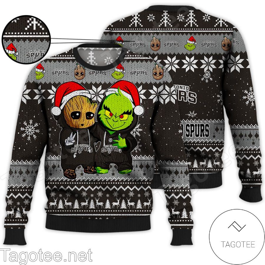 San Antonio Spurs Baby Groot And Grinch NBA Ugly Christmas Sweater