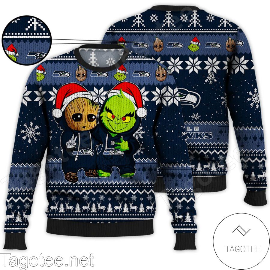 Seattle Seahawks Baby Groot And Grinch NFL Ugly Christmas Sweater