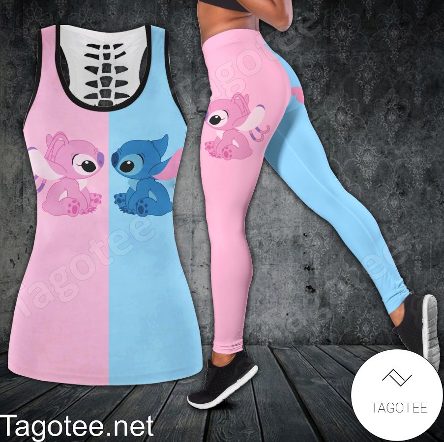 Stitch And Angel Blue And Pink Shirt, Tank Top And Leggings