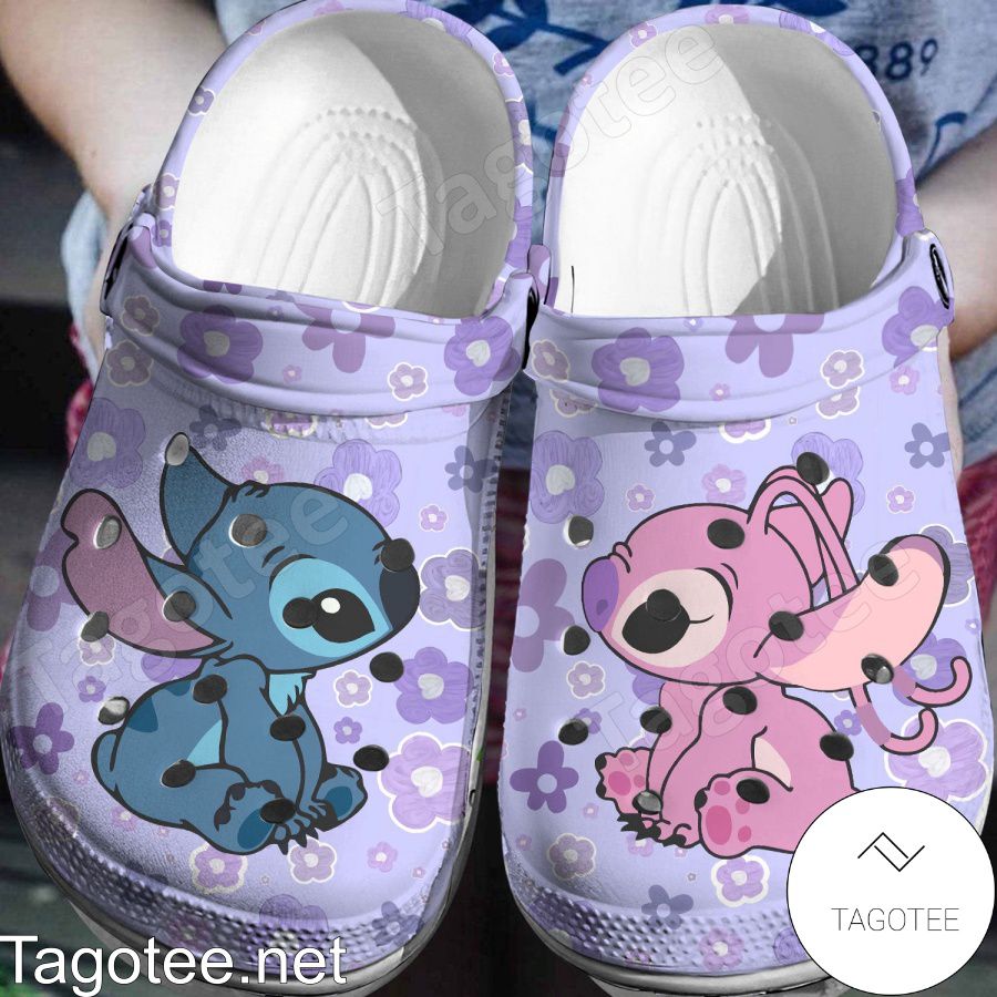 Stitch And Angel Purple Flowers Crocs Clogs