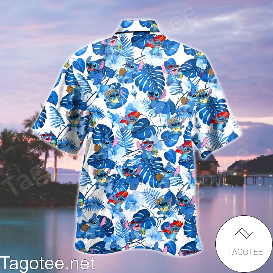 Stitch Blue Monstera Leaf Hawaiian Shirt a